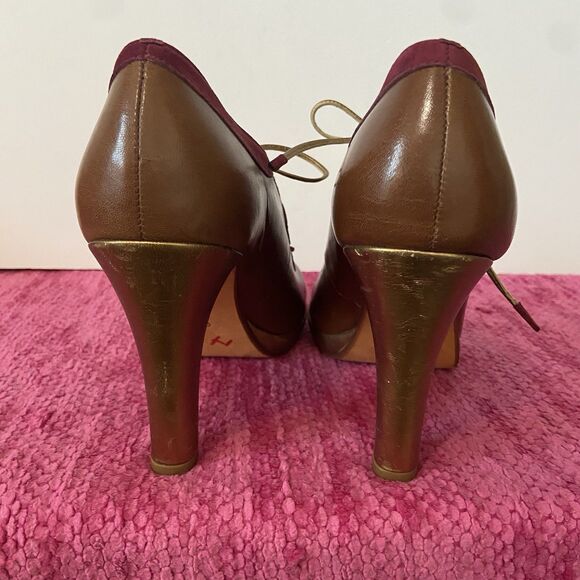 Leifsdottir Lace Up Leather Heels Brown Gold Burgundy Size 9B - Picture 5 of 11